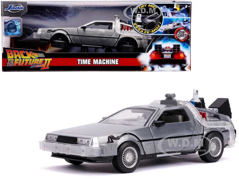 DeLorean Brushed Metal Time Machine with Lights (Flying Version) "Back to the Future Part II" (1989) Movie "Hollywood Rides" Series 1/24 Diecast Model Car by Jada - Movie/TV Series Models