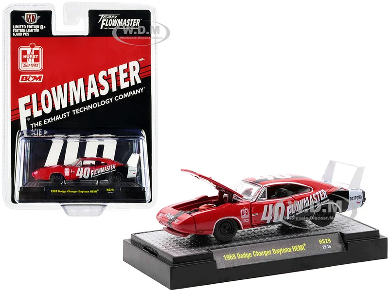 1969 Dodge Charger Daytona HEMI #40 Red with Graphics "Flowmaster" Limited Edition to 6600 pieces Worldwide 1/64 Diecast Model Car by M2 Machines - Dodge Models