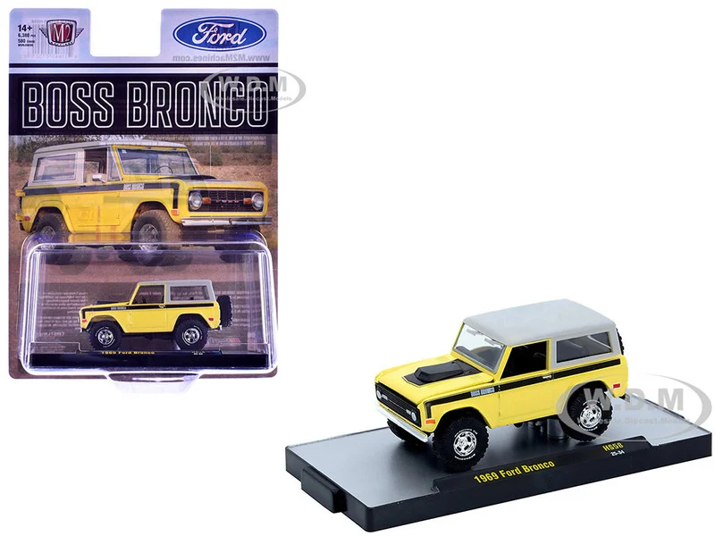 1969 Ford Bronco Yellow with Black Stripes and Gray Top Limited Edition to 6380 pieces Worldwide 1/64 Diecast Model Car by M2 Machines - Ford Models