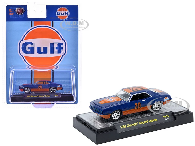 1969 Chevrolet Camaro Custom #20 "Gulf Oil" Dark Blue and Orange Limited Edition to 5500 pieces Worldwide 1/64 Diecast Model Car by M2 Machines - Chevrolet Models