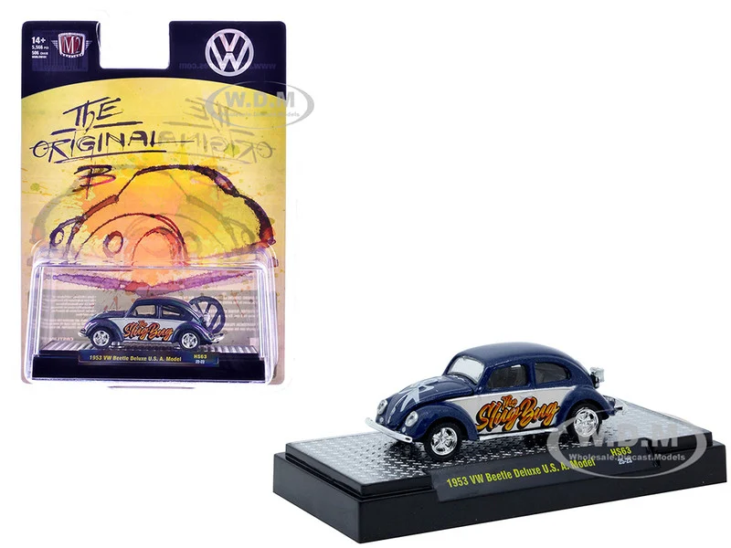 1953 Volkswagen Beetle Deluxe USA Model "The Slug Bug" Blue Metallic with White Sides Limited Edition to 5566 pieces Worldwide 1/64 Diecast Model Car by M2 Machines - VW Beetle Models