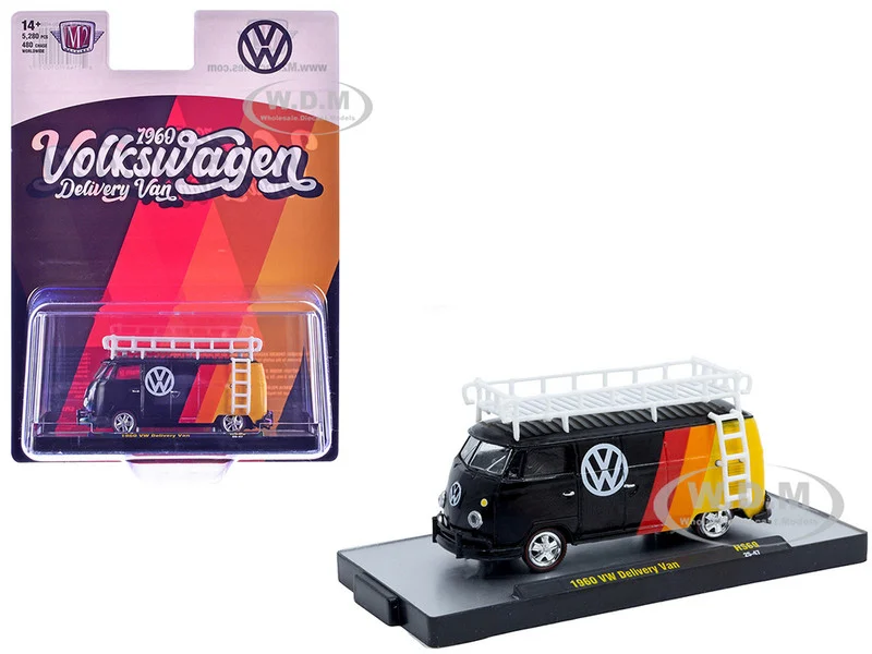 1960 Volkswagen Delivery Van Black with Stripes and White Roof Rack Limited Edition to 5280 pieces Worldwide 1/64 Diecast Model Car by M2 Machines - Volkswagen Models