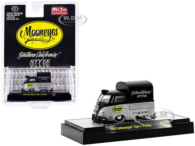 1960 Volkswagen Type 2 Pickup Truck with Canvas Cover "Mooneyes Southern California Style" Black and Gray Limited Edition to 6050 pieces Worldwide 1/64 Diecast Model Car by M2 Machines - Volkswagen Models