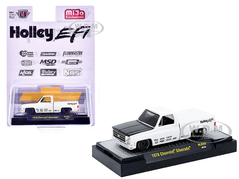 1978 Chevrolet Silverado Pickup Truck "Holley EFI" White with Black Hood Limited Edition to 10120 pieces Worldwide 1/64 Diecast Model Car by M2 Machines - Chevrolet Models