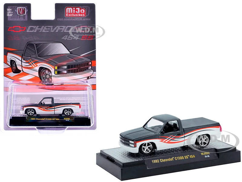 1992 Chevrolet C1500 SS 454 Pickup Truck Gray and White with Graphics Limited Edition to 9680 pieces Worldwide 1/64 Diecast Model Car by M2 Machines - Chevrolet Models