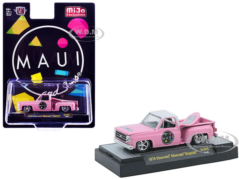 1979 Chevrolet Silverado Stepside Pickup Truck "Maui & Sons" Pink with White Top and Surfboard Limited Edition to 8360 pieces Worldwide 1/64 Diecast Model Car by M2 Machines - Chevrolet Models
