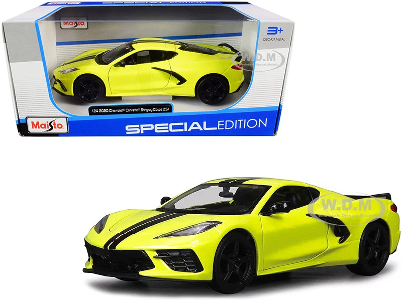 2020 Chevrolet Corvette Stingray Z51 Coupe Yellow with Black Stripes 1/24 Diecast Model Car by Maisto - Chevrolet Models