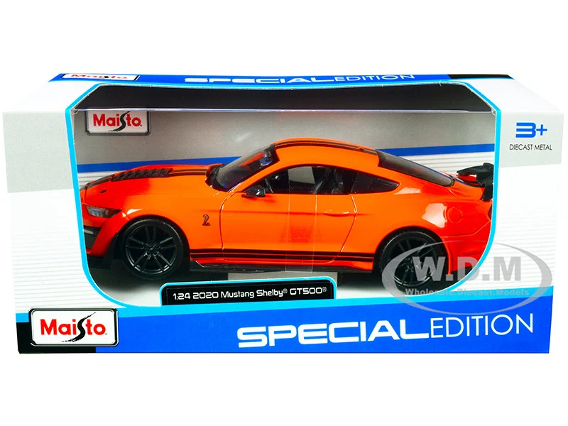 2020 Ford Mustang Shelby GT500 Bright Orange with Black Stripes 1/24 Diecast Model Car by Maisto - Ford Models