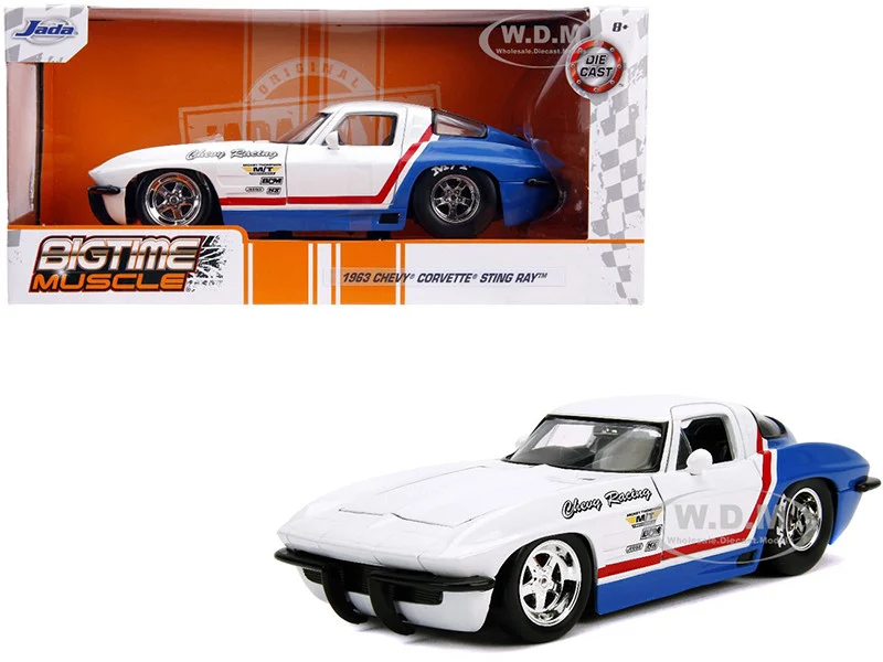 1963 Chevrolet Corvette Stingray White and Blue with Red Stripe "Chevy Racing" "Bigtime Muscle" 1/24 Diecast Model Car by Jada - Chevrolet Models