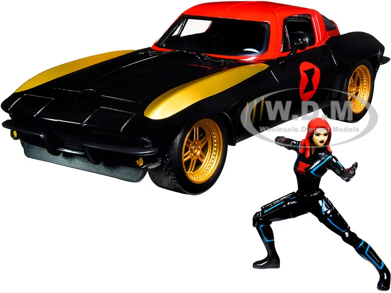 1966 Chevrolet Corvette with Black Widow Diecast Figurine "Avengers" "Marvel" Series 1/24 Diecast Model Car by Jada - Chevrolet Models