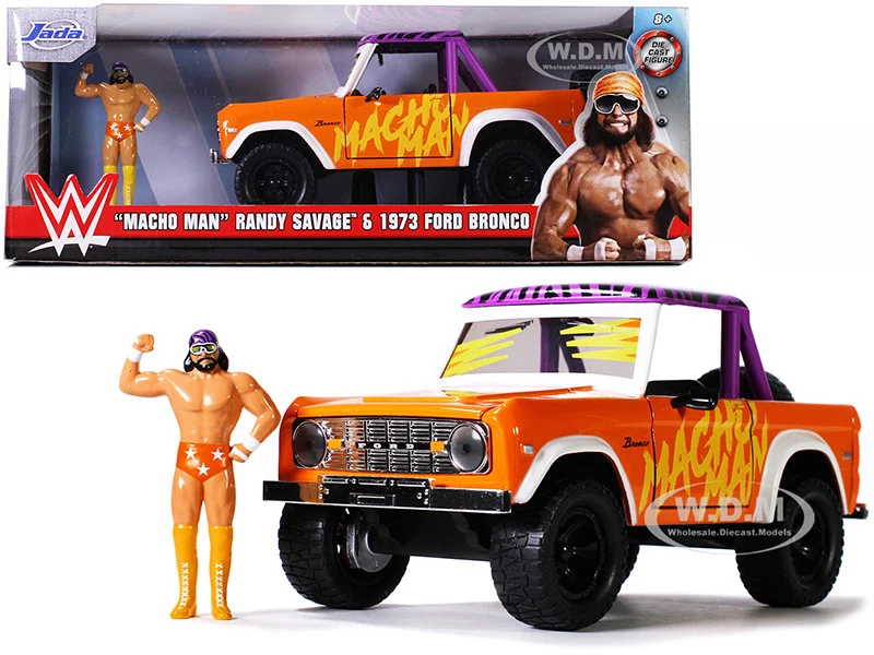 1973 Ford Bronco Pickup Truck with "Macho Man" Randy Savage Diecast Figurine "WWE" 1/24 Diecast Model Car by Jada - Ford Models