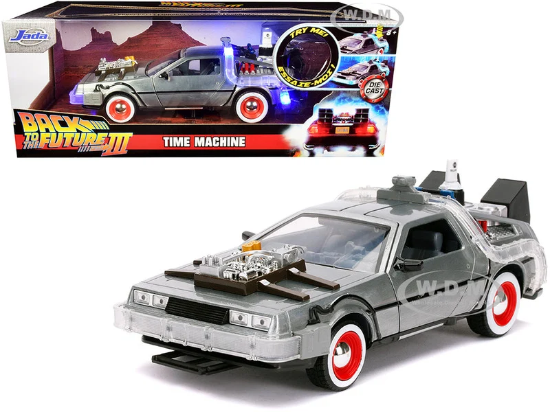 DeLorean Brushed Metal Time Machine with Lights "Back to the Future Part III" (1990) Movie "Hollywood Rides" Series 1/24 Diecast Model Car by Jada - Movie/TV Series Models