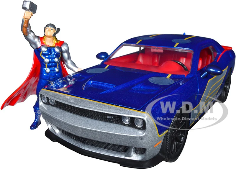 2015 Dodge Challenger SRT Hellcat Dark Blue with Graphics and Red Interior and Thor Diecast Figure "The Mighty Thor" "Marvel" Series 1/24 Diecast Model Car by Jada - Dodge Models