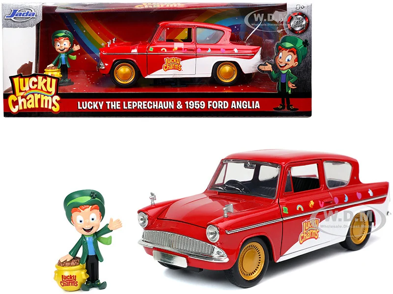 1959 Ford Anglia Red and White with Lucky the Leprechaun Diecast Figurine "Lucky Charms" 1/24 Diecast Model Car by Jada - Ford Models