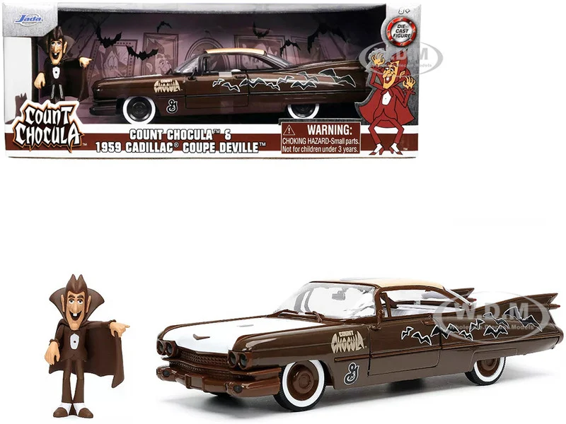 1959 Cadillac Coupe DeVille Brown and White with Graphics and Count Chocula Diecast Figurine "Hollywood Rides" Series 1/24 Diecast Model Car by Jada - Cadillac Models