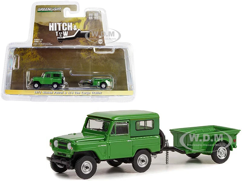 1972 Nissan Patrol Green with 1/4 Ton Cargo Trailer "Hitch & Tow" Series 25 1/64 Diecast Model Car by Greenlight - Nissan Models