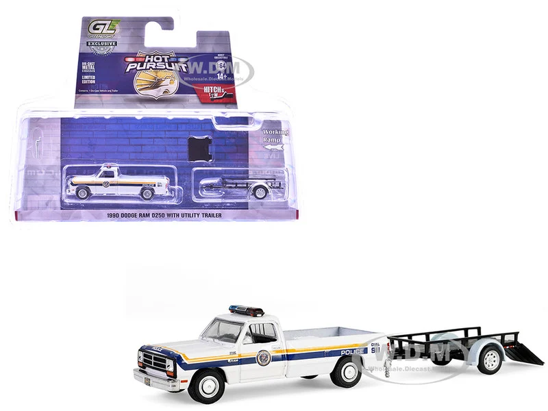 1990 Dodge Ram D250 Pickup Truck "Philadelphia, PA Police Department" White with Stripes and Utility Trailer "Hot Pursuit Hitch & Tow" Series 1 1/64 Diecast Model Cars by Greenlight - Dodge Models