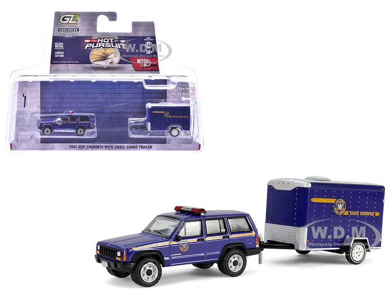 2001 Jeep Cherokee "New York State Police" Blue with Yellow Stripes and Small Cargo Trailer "Hot Pursuit Hitch & Tow" Series 1 1/64 Diecast Model Cars by Greenlight - Jeep Models