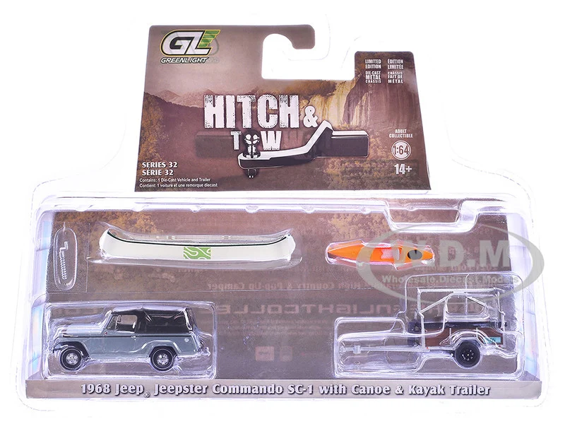 1968 Jeep Jeepster Commando SC-1 Gray with Black Stripes and Top with Canoe Trailer, Canoe Rack, Canoe and Kayak "Hitch & Tow" Series 32 1/64 Diecast Model Cars by Greenlight