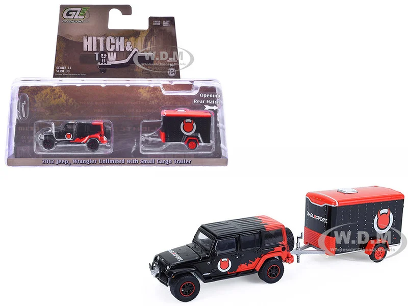2012 Jeep Wrangler Unlimited "Diablo Sport" Black with Red Graphics and Small Cargo Trailer "Hitch & Tow" Series 33 1/64 Diecast Model Cars by Greenlight - Jeep Models