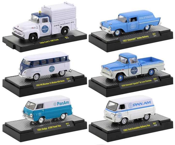 "Auto Trucks" Release 57, Set of 6 pieces "Pan American World Airways" (Pan Am) IN DISPLAY CASES 1/64 Diecast Model Cars by M2 Machines - 1/64 Scale Sets