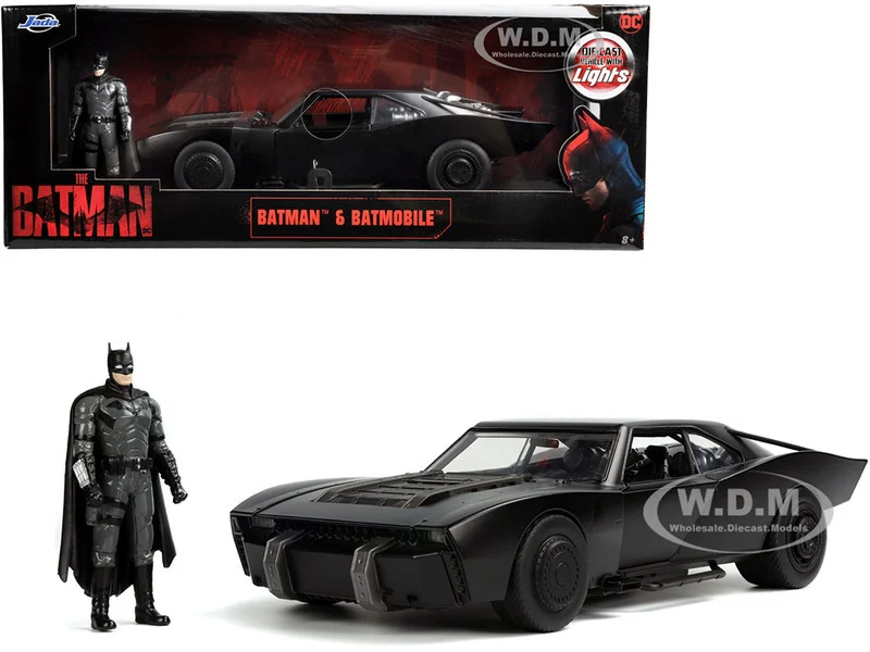 Batmobile Matt Black with Lights with Batman Diecast Figurine "The Batman" (2022) Movie "DC Comics" 1/18 Diecast Model Car by Jada - Movie/TV Series Models