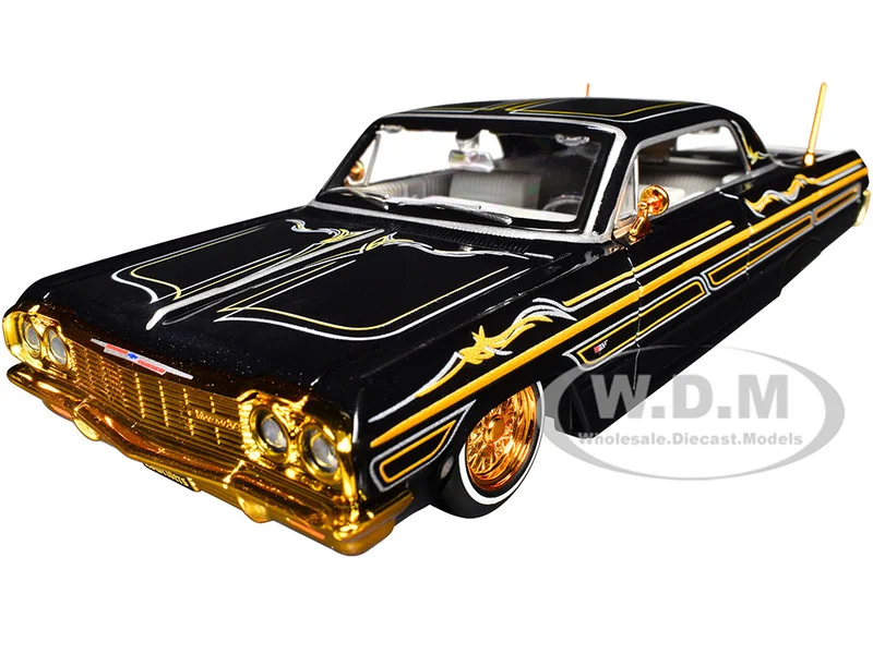 1964 Chevrolet Impala SS Lowrider Black Metallic with Gold Graphics and Gray Interior "Lowriders" "Maisto Design" Series 1/26 Diecast Model Car by Maisto - Chevrolet Models
