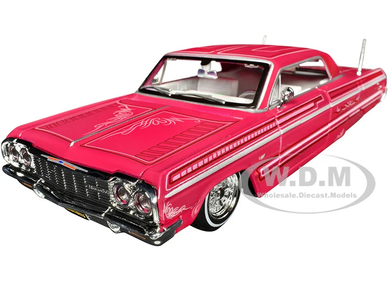 1964 Chevrolet Impala SS Lowrider Pink with Graphics and White Interior "Lowriders" "Maisto Design" Series 1/26 Diecast Model Car by Maisto - Chevrolet Models