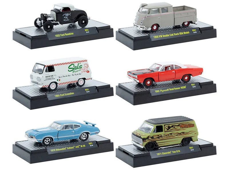 "Auto Meets" Set of 6 Cars IN DISPLAY CASES Release 91 Limited Edition 1/64 Diecast Model Cars by M2 Machines - 1/64 Scale Sets