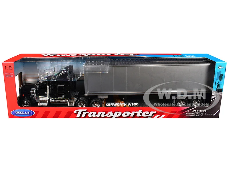 Kenworth W900 Truck Black with Gray Container 1/32 Diecast Model by Welly - Kenworth Models