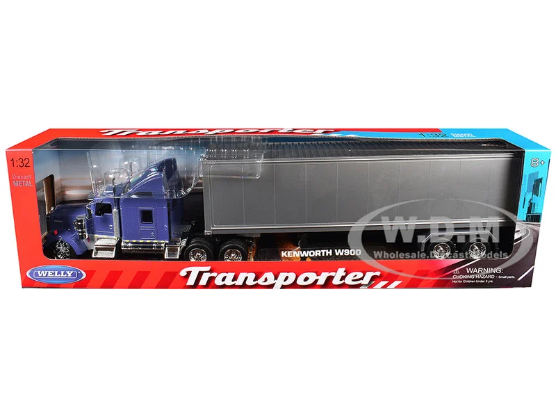 Kenworth W900 Truck Blue with Gray Container 1/32 Diecast Model by Welly - Kenworth Models