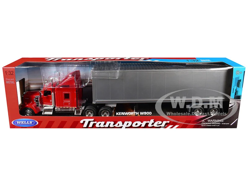 Kenworth W900 Truck Red with Gray Container 1/32 Diecast Model by Welly - Kenworth Models