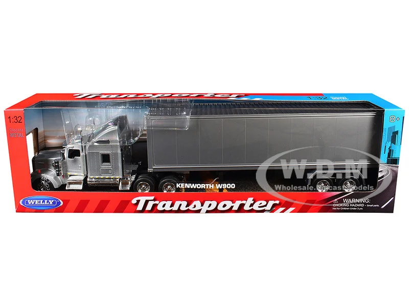 Kenworth W900 Truck Silver Metallic with Gray Container 1/32 Diecast Model by Welly - Kenworth Models