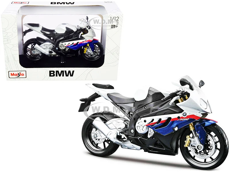 BMW S 1000 RR White with Blue and Red Stripes with Plastic Display Stand 1/12 Diecast Motorcycle Model by Maisto - BMW Motorcycles