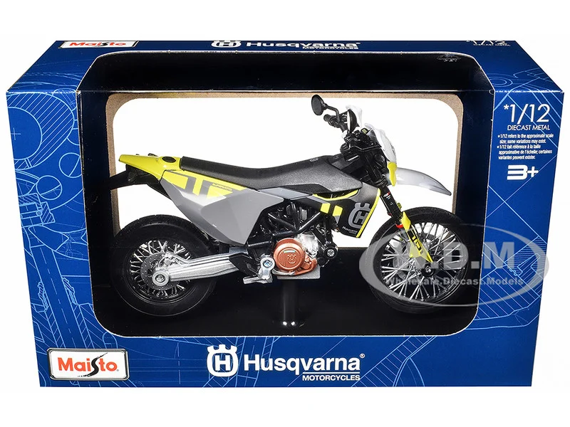 2023 Husqvarna 701 Supermoto Motorcycle Matt Black and Gray with Yellow and White Accents with Display Base 1/12 Diecast Model by Maisto - Other
