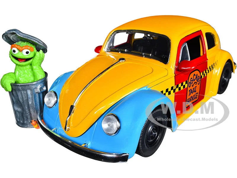 1959 Volkswagen Beetle Taxi Yellow and Blue "Oscar's Taxi Service" and Oscar the Grouch Diecast Figure "Sesame Street" "Hollywood Rides" Series 1/24 Diecast Model Car by Jada - Volkswagen Models