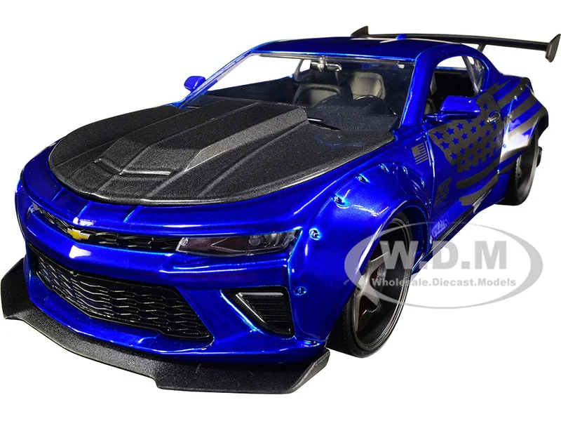 2016 Chevrolet Camaro Widebody Candy Blue with Gray Metallic Hood and American Flag Graphics "Bigtime Muscle" Series 1/24 Diecast Model Car by Jada - Chevrolet Models