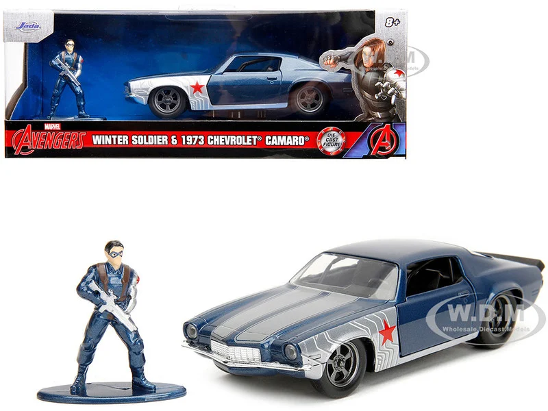 1973 Chevrolet Camaro Dark Blue Metallic with Gray Stripes and Winter Soldier Diecast Figure "Marvel Avengers" "Hollywood Rides" Series 1/32 Diecast Model Car by Jada - Chevrolet Models