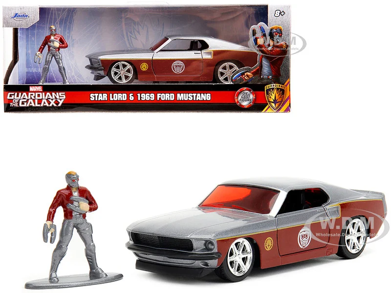 1969 Ford Mustang Silver Metallic and Dark Red and Star Lord Diecast Figure "Marvel Guardians of the Galaxy" "Hollywood Rides" Series 1/32 Diecast Model Car by Jada - Ford Models