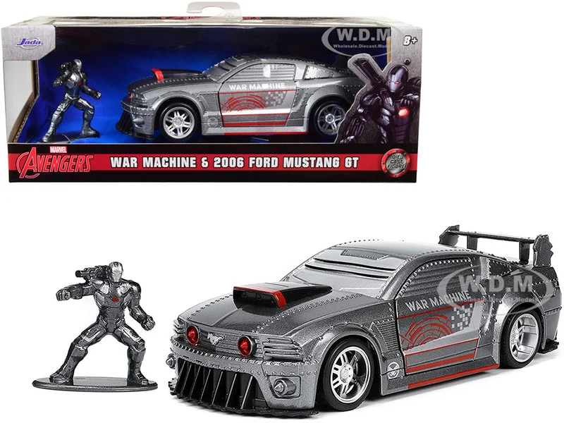 2006 Ford Mustang GT Gray Metallic and War Machine Diecast Figurine "Avengers" "Marvel" Series "Hollywood Rides" Series 1/32 Diecast Model Car by Jada - Ford Models