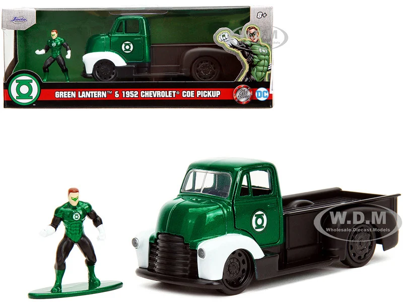 1952 Chevrolet COE Pickup Truck Green Metallic and Black and Green Lantern Diecast Figure "DC Comics" "Hollywood Rides" Series 1/32 Diecast Model Car by Jada - Chevrolet Models