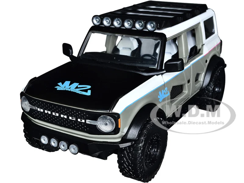 2021 Ford Bronco Gray and White with Matt Black Hood with Roof Rack "M2 Motoring" "Just Trucks" Series 1/24 Diecast Model Car by Jada - Ford Models