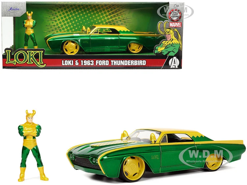 1963 Ford Thunderbird Green and Yellow Metallic with Hood Graphics and Loki Diecast Figure "Loki" "Marvel" Series 1/24 Diecast Model Car by Jada - Ford Models