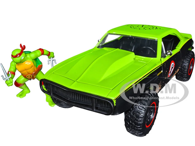 1967 Chevrolet Camaro Offroad Bright Green and Matt Black (Dirty Version) and Raphael Diecast Figure "Teenage Mutant Ninja Turtles" "Hollywood Rides" Series 1/24 Diecast Model Car by Jada - Chevrolet Models