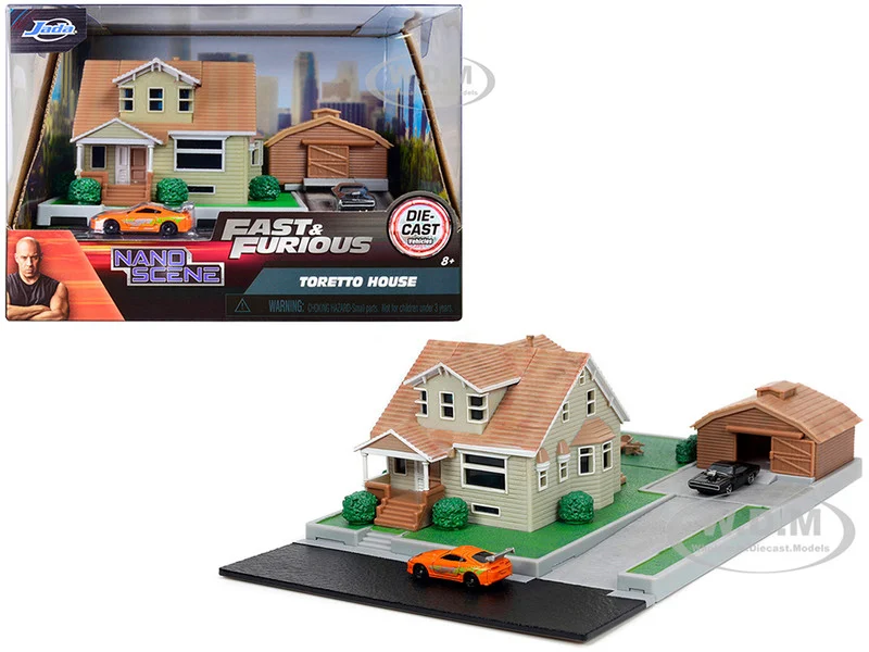 Toretto House Diorama with Dodge Charger Black and Toyota Supra Orange with Graphics "Fast and Furious" "Nano Scene" Series Models by Jada - Dodge Models