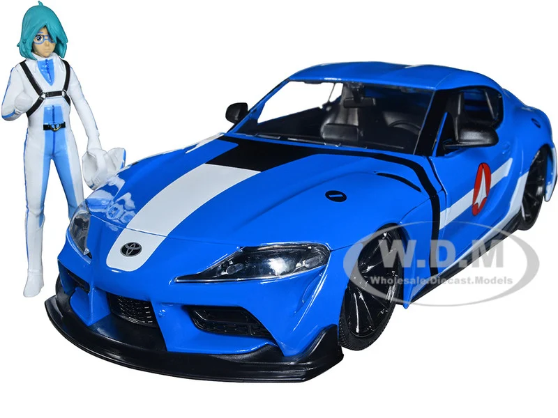 2020 Toyota Supra Blue with Graphics and Max Sterling Diecast Figurine "Robotech" "Hollywood Rides" Series 1/24 Diecast Model Car by Jada - Movie/TV Series Models