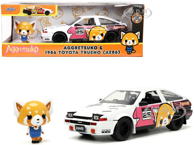 1986 Toyota Trueno (AE86) RHD (Right Hand Drive) #25 White with Graphics and Aggretsuko Diecast Figure "Aggretsuko" "Anime Hollywood Rides" Series 1/24 Diecast Model Car by Jada - Movie/TV Series Models