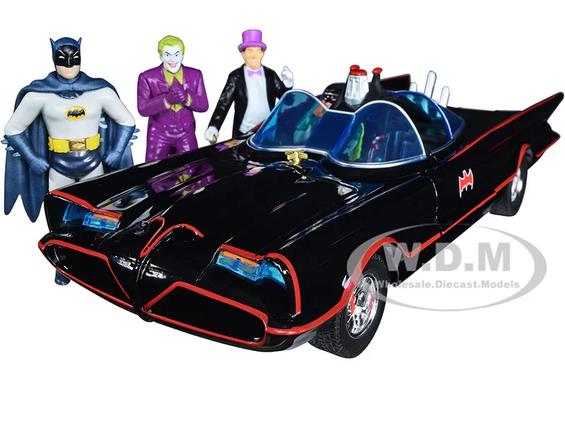1966 Classic Batmobile with Diecast Batman, The Joker, The Penguin and Plastic Robin Sitting Inside The Car "Batman" TV Series (1966) "Hollywood Rides" Series 1/24 Diecast Model Car by Jada - Movie/TV Series Models