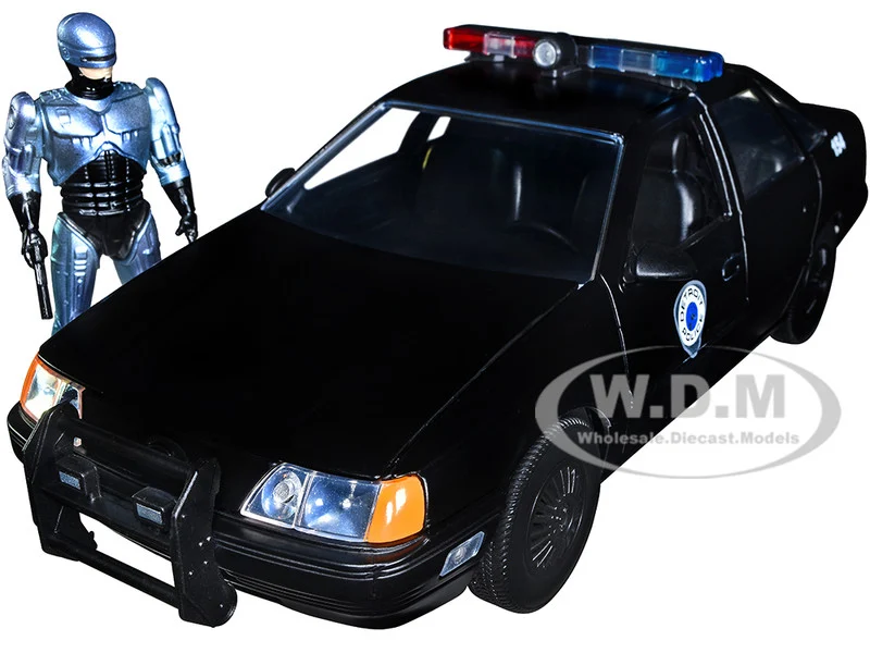 Ford Taurus OCP Matt Black "Detroit Police" and Robocop Diecast Figure 35th Anniversary "Robocop" (1987) Movie "Hollywood Rides" Series 1/24 Diecast Model Car by Jada - Ford Models