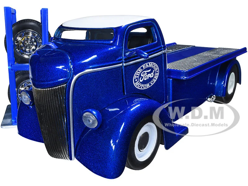 1947 Ford COE Flatbed Truck Dark Blue Metallic with White Top "The Famous Motor Cars" with Extra Wheels "Just Trucks" Series 1/24 Diecast Model by Jada - Ford Models